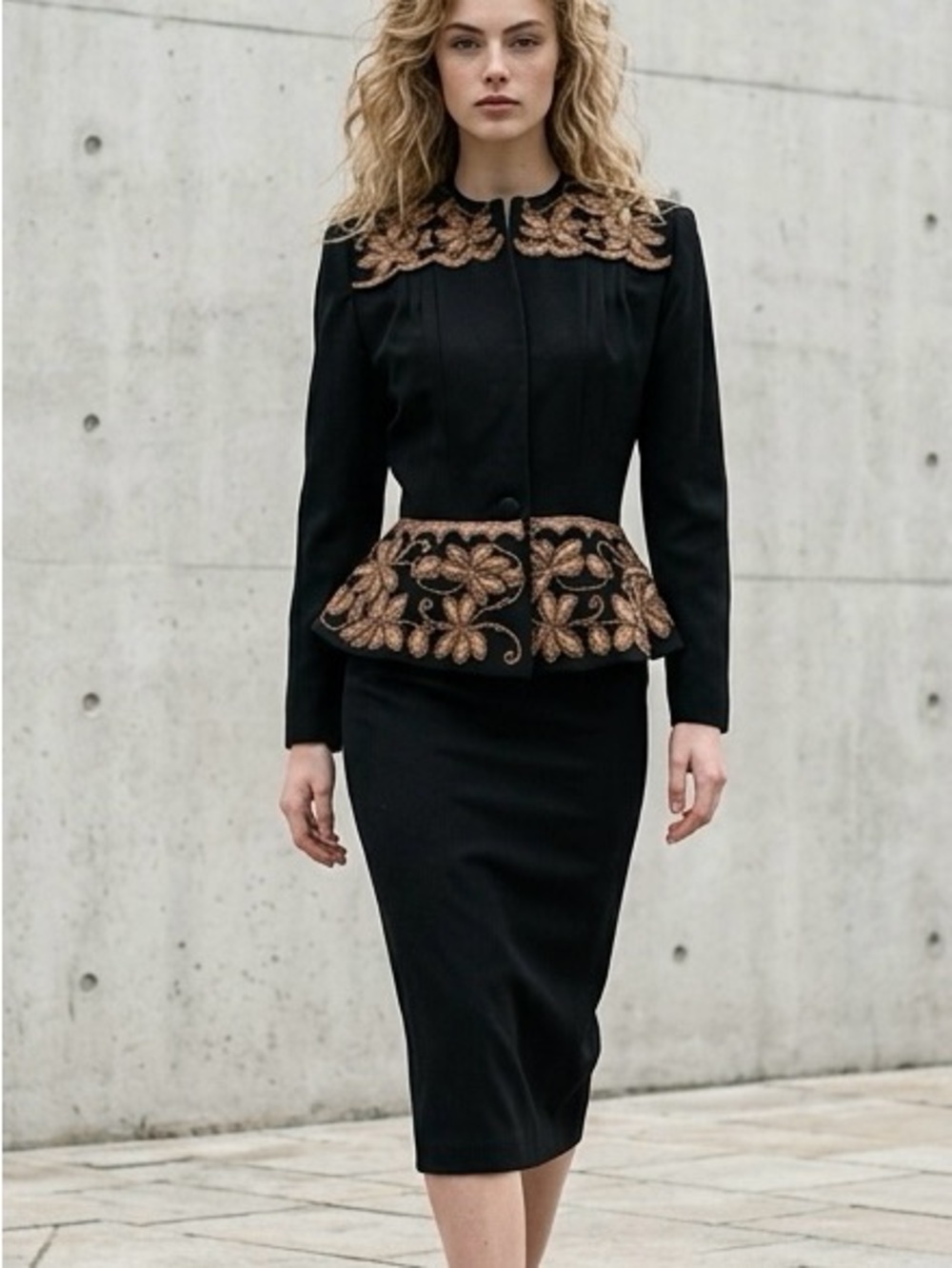 ANYA Vintage 100% Wool Black Peplum Skirt Suit Set- Gold Floral Embroidery